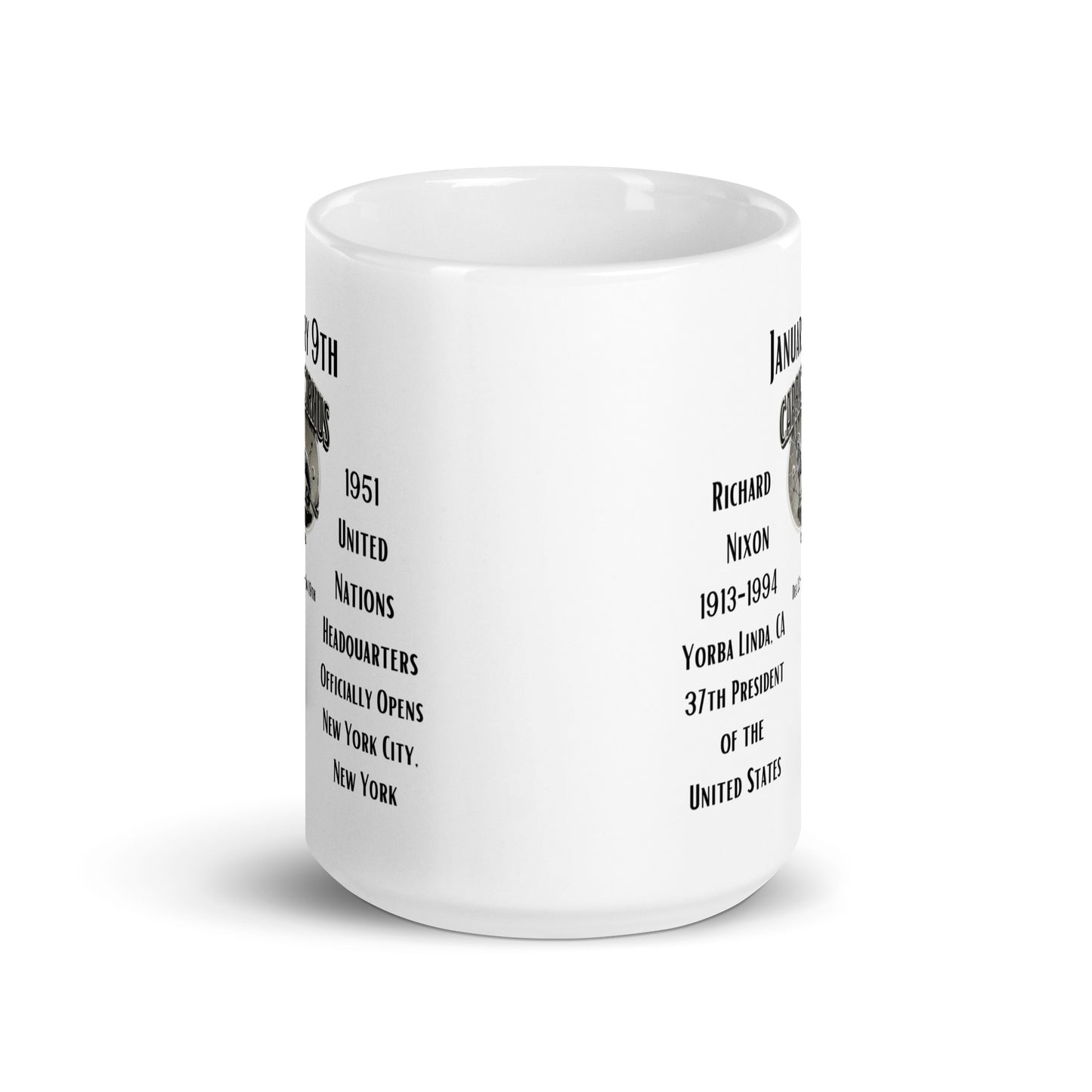 On This Day: Birthday Series - January 09th - (B) Richard Nixon & The United Nations - White glossy mug
