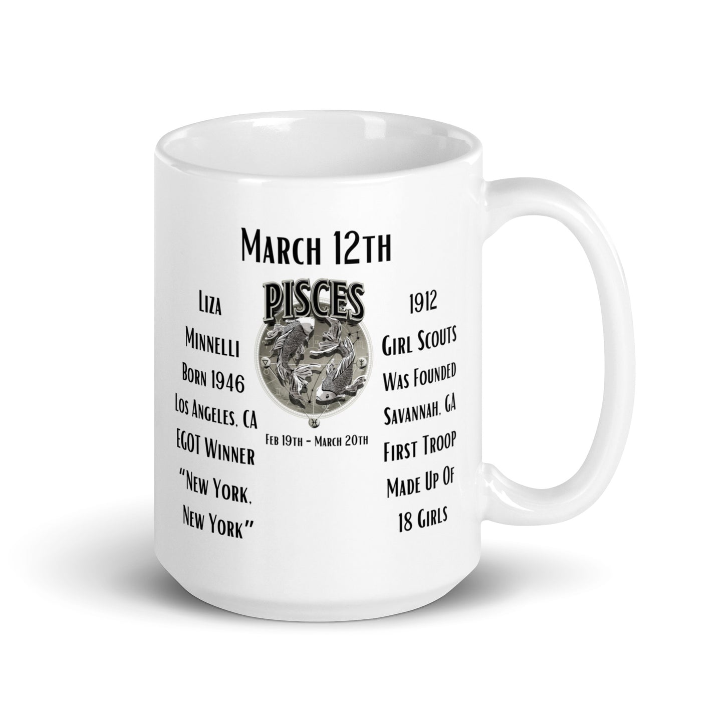 On This Day: Birthday Series - March 12th - (B) Liza Minnelli & Girl Scouts - White glossy mug