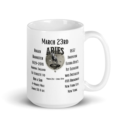 March 23rd Birthday Mug - Roger Bannister & First Elevator Installed